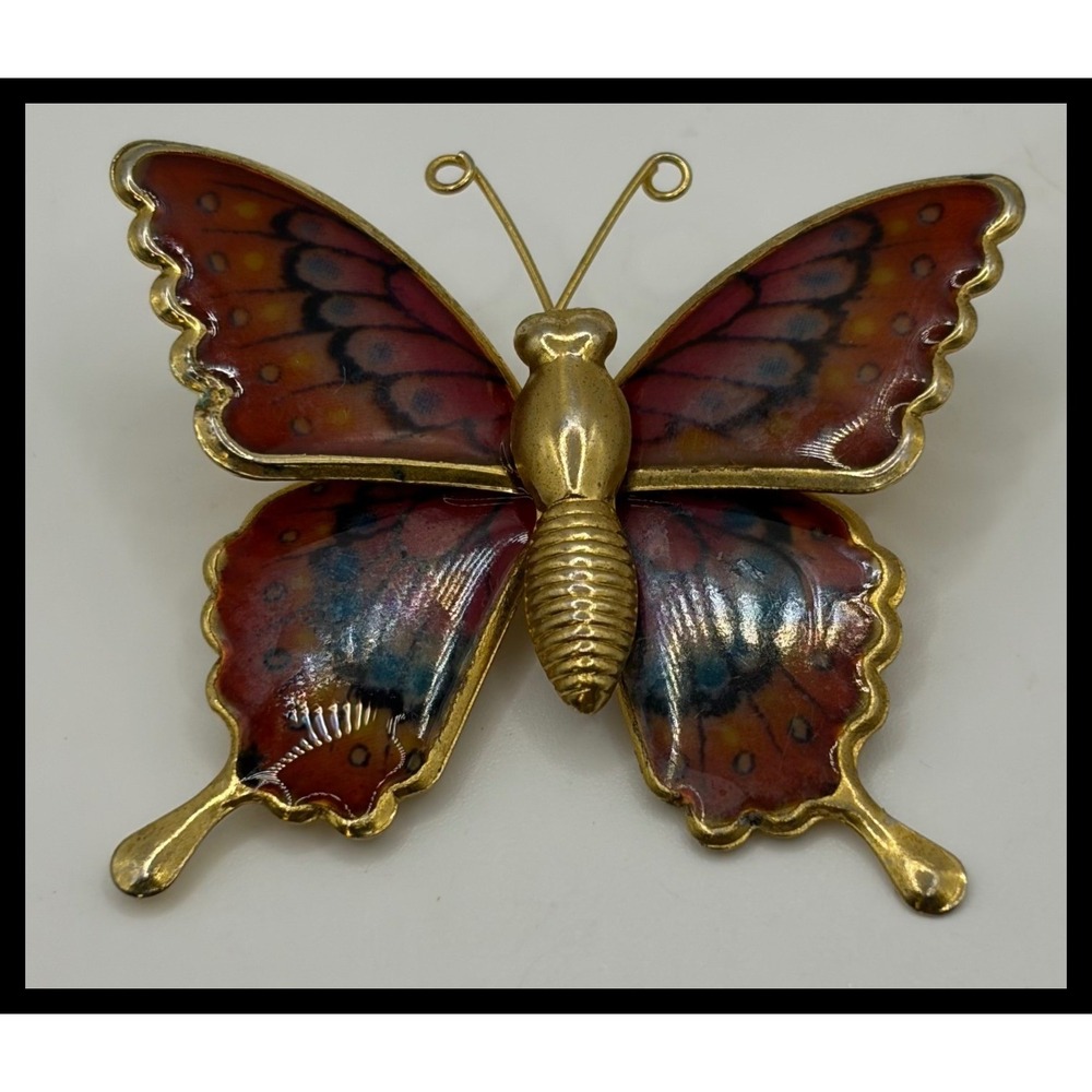 Butterfly Pin Brooch‎ Small Gold Red Enamel Cloisonne Vintage